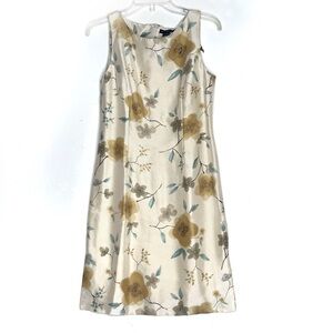 Ann Taylor Silk Sheath Dress Sz 8 Floral Cream Gold Sleeveless Midi Work Wedding